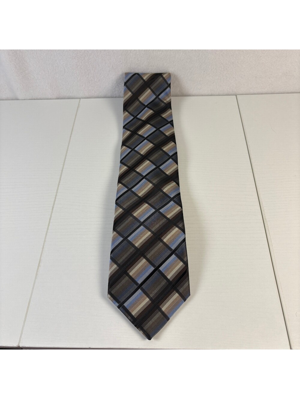 Giorgio Brutini Mens Tie Brown Blue Plaid Windowpane Geometric Necktie 3.5x58.5